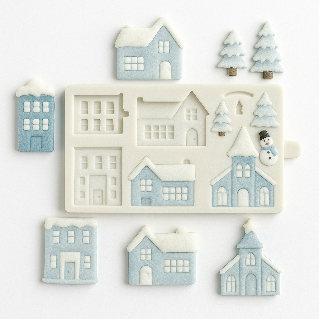 Christmas Village House Tree Snowman Church Fondant Resin Silicone Mold