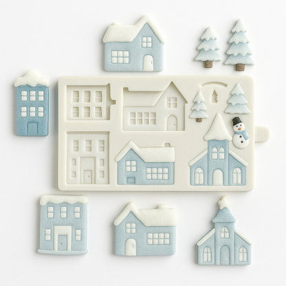 Christmas Village House Tree Snowman Church Fondant Resin Silicone Mold