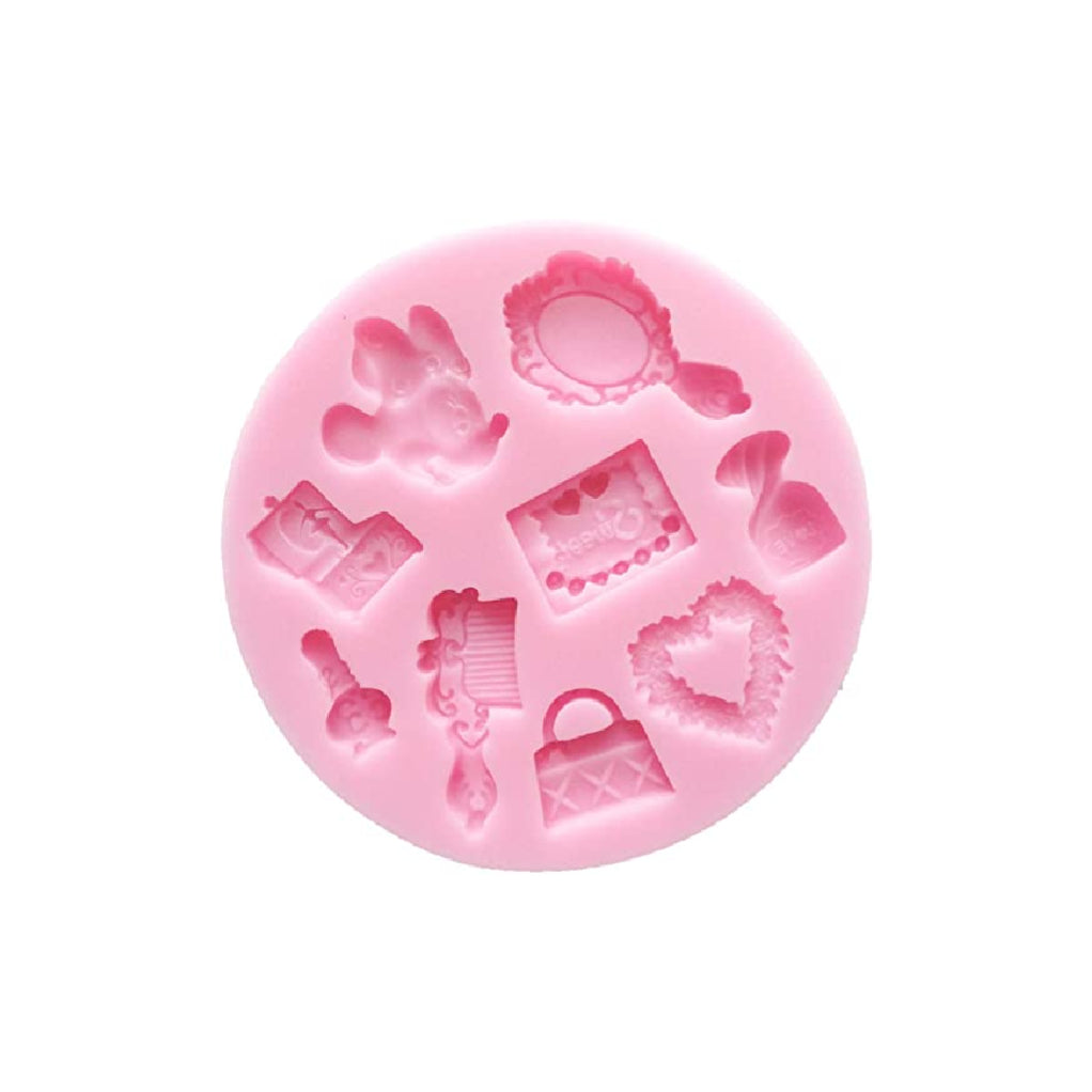 MINNIE MAKE UP SET Silicone Mould compact mirror, perfume bottle, make up palette, heart, tote bag, comb, nail polish, music box